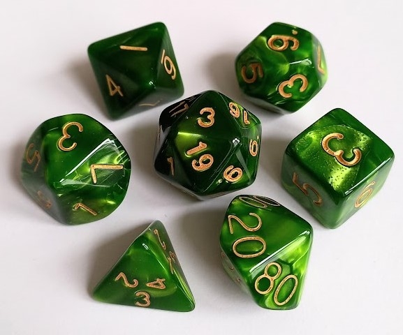 Набор кубиков 7шт: зелёный с золотым МРАМОР (D00 D4 D6 D8 D10 D12 D20)