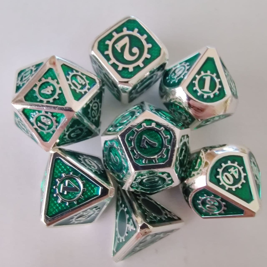 Набор металлических кубиков 7шт: Steampunk Green & Silver (D00 D4 D6 D8 D10 D12 D20)