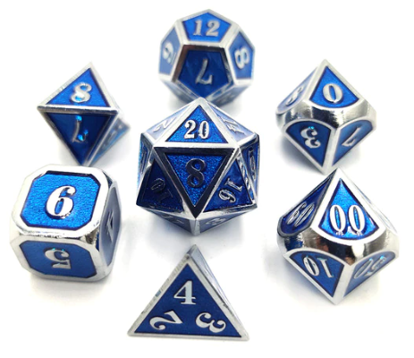 Набор металлических кубиков 7шт: светло-синий с серебристым  (D00 D4 D6 D8 D10 D12 D20)